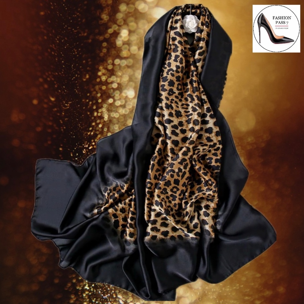 100% SILK SATIN Large Shawl Leopard Print Scarf Animal Print Wrap Coverup Gift - Picture 3 of 11
